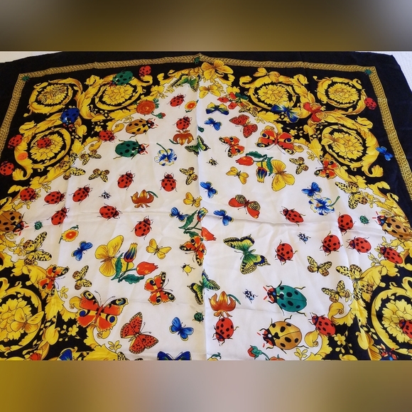 Beautiful Vintage Foulard Scarf Lady Bug Butterfly Floral Pure Silk - Picture 2 of 11